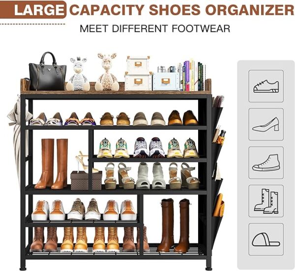 EnHomee Shoe Rack for Entryway Metal Shoe Racks with Boots Storage for 18-22 Pairs Free Standing Entryway Shoes Rack Sturdy Shoe Shelf Wooden Top & Side Pocket for Entry, Entrance, Hallway, Black 2