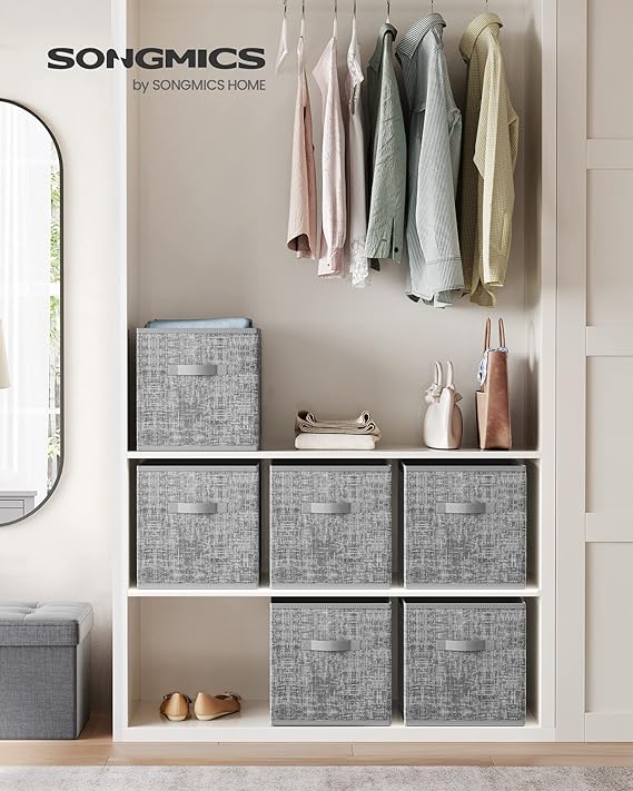 SONGMICS Storage Cubes, 13-Inch Non-Woven Fabric Bins with Double Handles, Set of 6, Closet Organizers for Shelves, Foldable, for Clothes, Cattail Gray UROB033G01 3