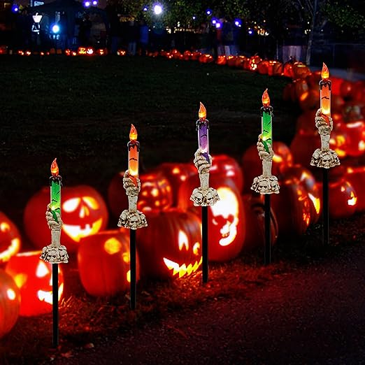 WATERGLIDE Halloween Candle Light Stakes, 5 Pack Skeleton Hands Hold Lighted Candle Pathway Makers, Waterproof Battery Operated with Timer, Light Up Figurine for Indoor Outdoor Holiday Party 3