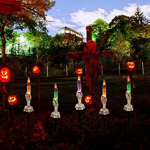 WATERGLIDE Halloween Candle Light Stakes, 5 Pack Skeleton Hands Hold Lighted Candle Pathway Makers, Waterproof Battery Operated with Timer, Light Up Figurine for Indoor Outdoor Holiday Party 4