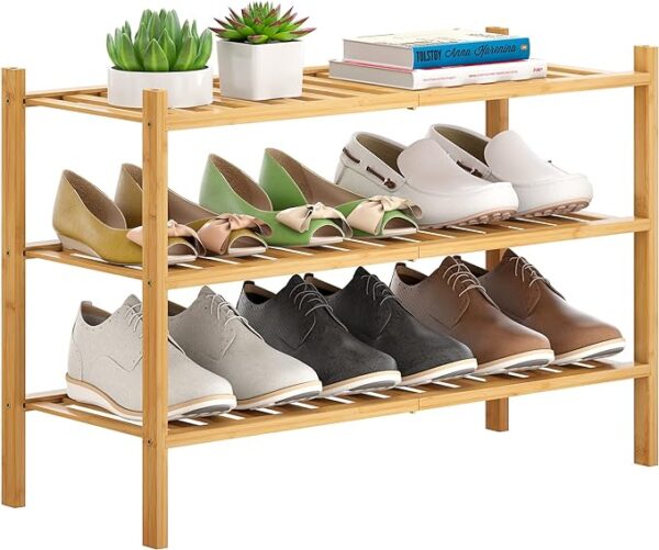 FILWH Bamboo Shoe Rack Stackable Shoe Shelf Storage Organizer for Unit Entryway Hallway and Closet Sturdy Freestanding Shoe Shelf Natural (3 Tier) 1
