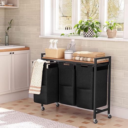 HOOBRO Laundry Hamper Cart, 3-Section Laundry Sorter on Wheels, Laundry Basket Organizer, 3 × 10.5 Gal (39.8L), Pull-Out and Removable Oxford Fabric Laundry Bags, Rustic Brown and Black BF38XY01G1 3