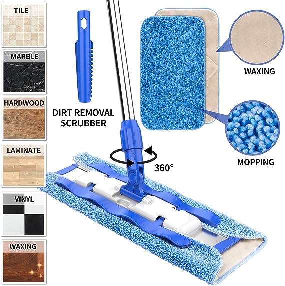 MR.SIGA Professional Microfiber Mop for Hardwood, Laminate, Tile Floor Cleaning, Stainless Steel Handle - 3 Reusable Flat Mop Pads and 1 Dirt Removal Scrubber Included 2