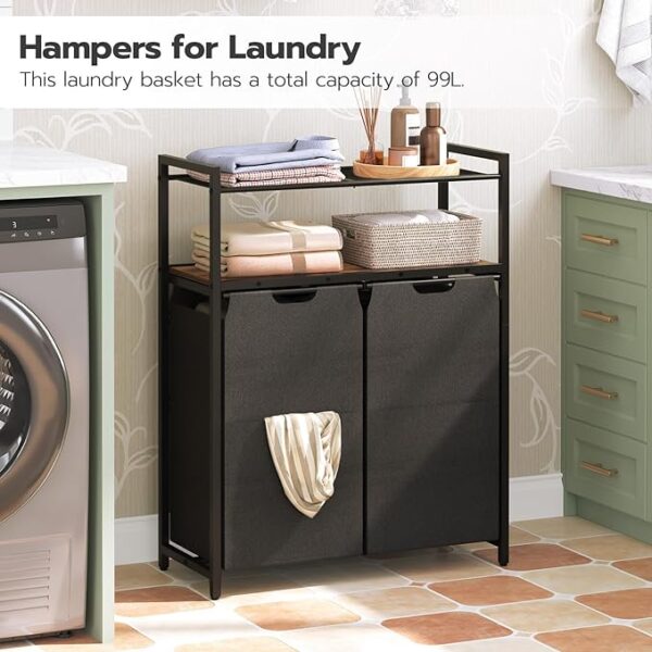 HOOBRO Laundry Hamper with Shelf, 2 × 13 Gal(49.5L), Laundry Basket, Laundry Sorter with 2 Pull-Out and Removable Bags, Bathroom, Laundry Room, Rustic Brown and Black BF73XY01 3