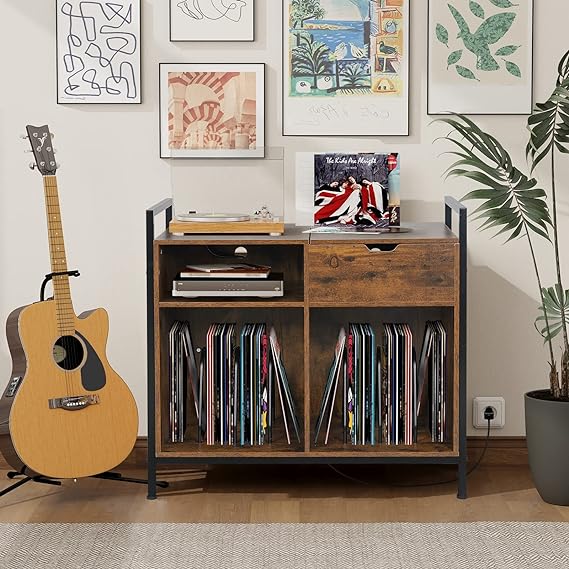 ARTETHYS Record Player Stand with Vinyl Storage, Charging Station and LED Light Vintage Vinyl Record Storage Cabinet Holds Up to 360 Albums, Large Turntable Stand End Table for Record Player