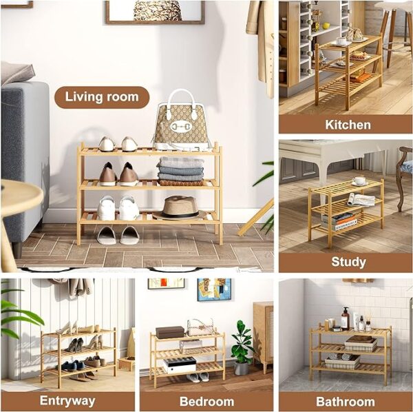 FILWH Bamboo Shoe Rack Stackable Shoe Shelf Storage Organizer for Unit Entryway Hallway and Closet Sturdy Freestanding Shoe Shelf Natural (3 Tier) 3