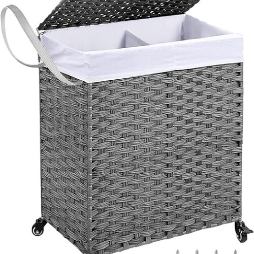 C&AHOME Laundry hamper with wheels and lid(110L) Large wicker laundry hamper,Woven rattan laundry basket 2 section,Clothes hamper for bedroom,With removable bag and handles