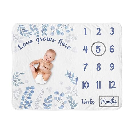 81vSN0tWpHS._SX466_ Sweet Jojo Designs Floral Leaf Boy Girl Milestone Blanket Monthly Newborn First Year Growth Mat Baby Shower Memory Keepsake Gift Picture - Blue Grey Boho Watercolor Botanical Flower Woodland Tropical