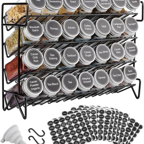 Vtopmart Spice Rack Organizer for Cabinet, 4-Tier Spice Organizer with 28 Empty Spice Jars and 432 Spice Labels, Seasoning Organizer for Countertop, Cabinet, Kitchen, Pantry and Cupboard, Black