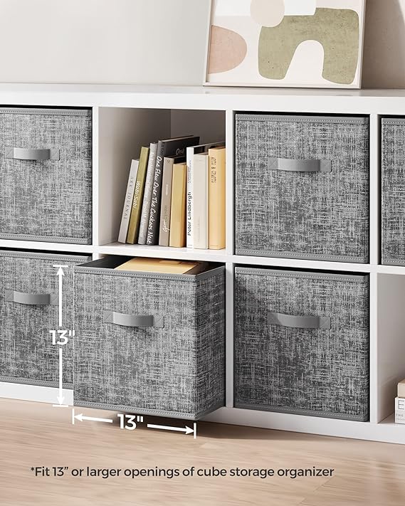 SONGMICS Storage Cubes, 13-Inch Non-Woven Fabric Bins with Double Handles, Set of 6, Closet Organizers for Shelves, Foldable, for Clothes, Cattail Gray UROB033G01 2