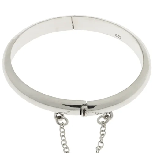 a1 Savlano 14K Gold Plated Over 925 Sterling Silver Solid Plain Dome Bangle Bracelet 7 inch with Safety Chain for Women Comes With Gift Box- Made in Italy