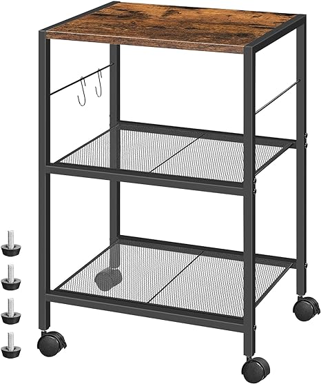 HOOBRO Printer Stand, 3-Tier Printer Table with Hooks, Industrial Printer Cart on Wheels, Heavy Duty Storage Machine Rack for Home Office, Rustic Brown and Black BF22PS01