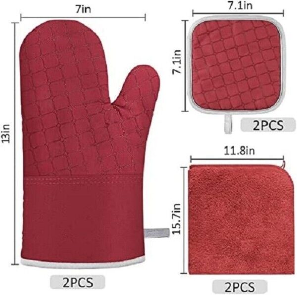 Silicone Oven Mitts and Pot Holders Heavy Duty Cooking Kitchen Rag Red 6 Pc Set 6