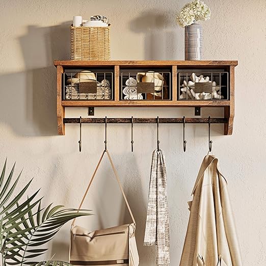 Rolanstar Wall Mounted Shelf with Hooks, Entryway Organizer Shelf with Storage Basket, Wall Mount Coat Rack with 6 Hooks, Hanging Shelf for Living Room,Bathroom,Kitchen,Rustic Brown 3