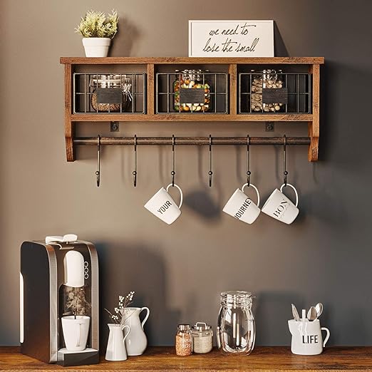 Rolanstar Wall Mounted Shelf with Hooks, Entryway Organizer Shelf with Storage Basket, Wall Mount Coat Rack with 6 Hooks, Hanging Shelf for Living Room,Bathroom,Kitchen,Rustic Brown 4
