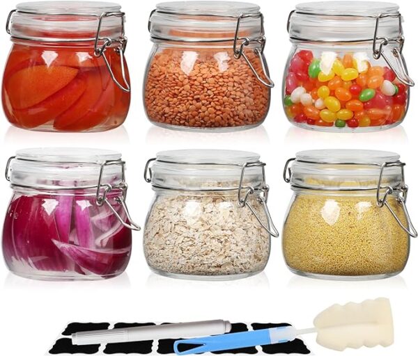 EkkoVla 17 oz Glass Jars with Airtight Lids, Set of 6 Food Storage Containers, Round Glass Canisters for Pasta, Coffee, Candy, Flour, Cereal, Dog Treats, Snacks 1