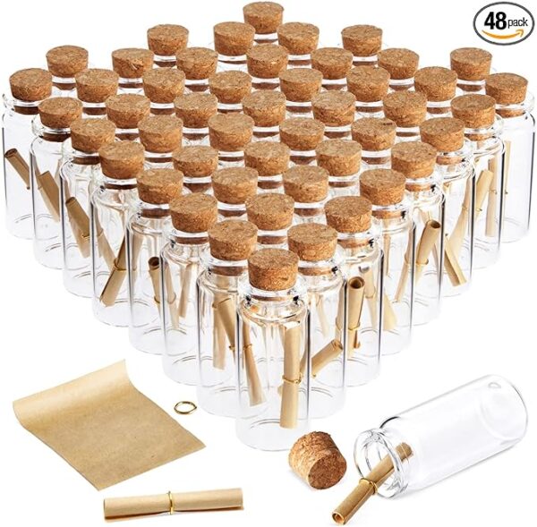 48 Pack 10ml Create A Message In A Bottle Kit, Bulk Small Glass Cork Bottles with Mini Scrolls for Time Capsules, Wedding Favors 1