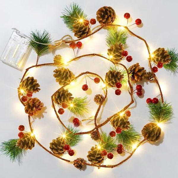 1 Dazzle Bright 2 Pack Pine Cone Christmas String Lights, Total 13FT 40LED Battery Operated Christmas Garland with Red Berry Pine Cone Fairy String Lights for Indoor Outdoor Xmas Decorations