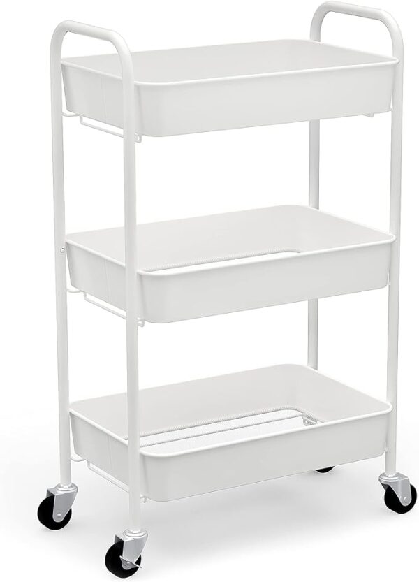 CAXXA 3-Tier Rolling Metal Storage Organizer - Mobile Utility Cart Kitchen Cart with Caster Wheels, White 1