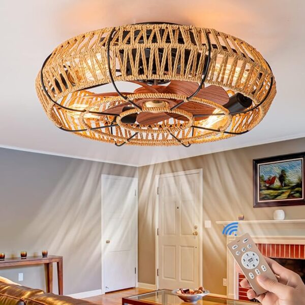 BrkNit Cage Woven Rattan Ceiling Fan with Light & Remote, Farmhouse Flush Mount Ceiling Fan light, Boho Low Profile Enclosed Ceiling Fan for Living Room Bedroom (6 Speed/Timing/Super Quiet/Reversible)