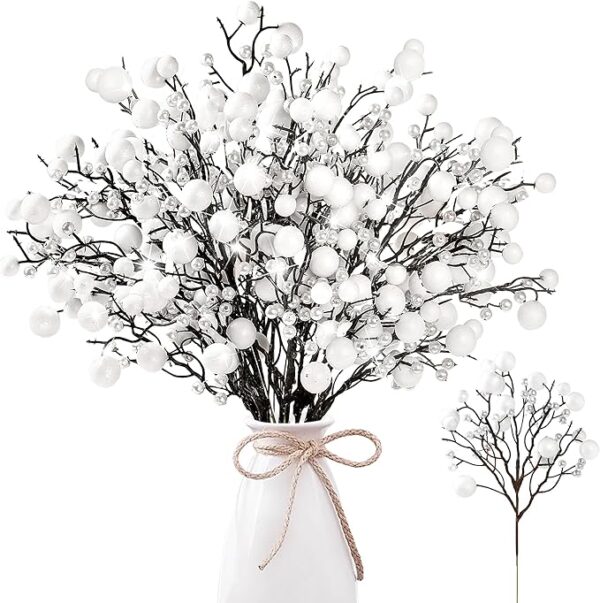 Sggvecsy 15 Pack Artificial Glitter Berry Stems 11.4 inch Christmas Glitter Berries Spray Picks Holly Berry Branches for Christmas Tree Ornaments DIY Crafts Wreath Xmas Holiday Home Decor(White) 1