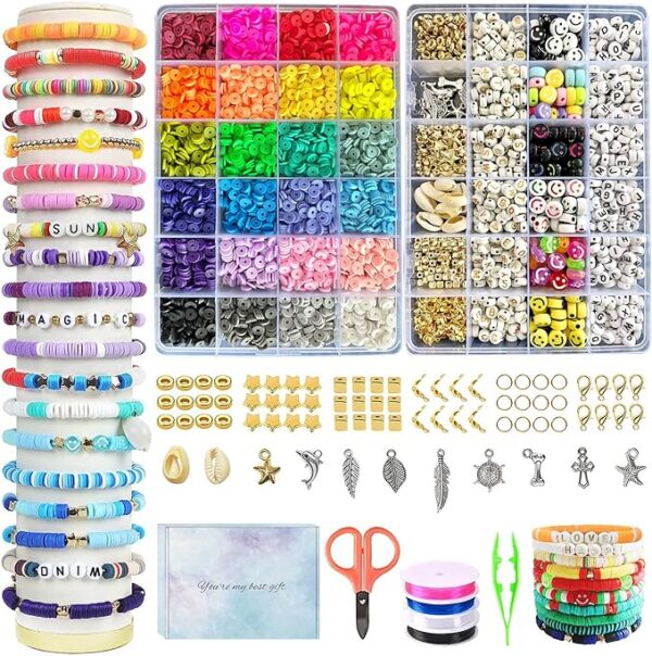 ZGWNQCD 7200 Pcs Clay Beads for Bracelets Making Kit for Kids,DIY Friendship Bracelet Making kit Flat Polymer Heishi with Charms Elastic Strings,Jewelry Making Kit Bracelets and Necklace Christmas 1