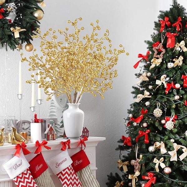 Sggvecsy 10 Pack Artificial Glitter Berry Stems Christmas Glitter Berries 18.9 inch Glitter Sticks Fake Christmas Spray Picks for Christmas Tree Wreath Holiday Home Xmas DIY Crafts Decor (Gold) 4