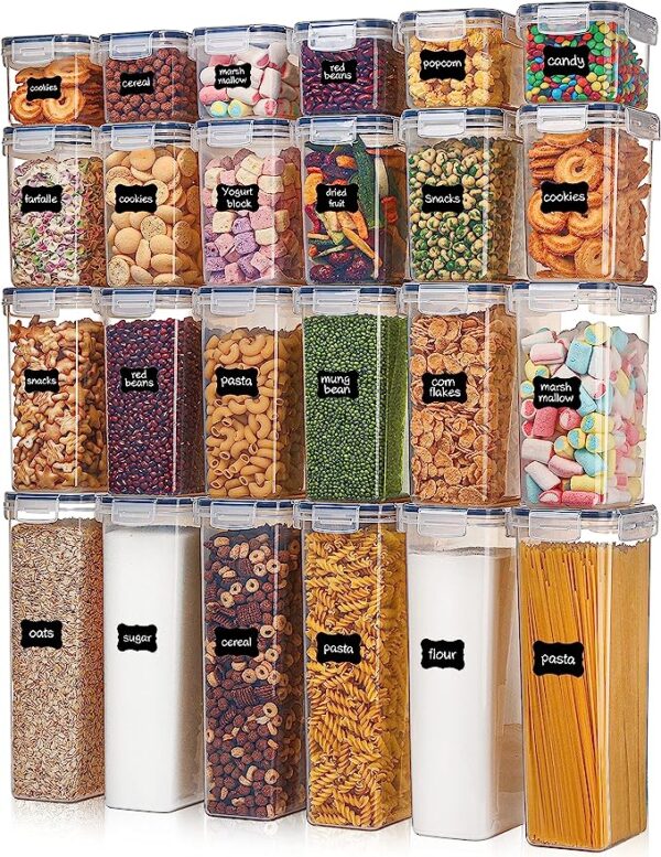 topmart Airtight Food Storage Containers with Lids, 24 pcs Plastic Kitchen and Pantry Organization Canisters for Cereal, Dry Food, Flour and Sugar, BPA Free, Includes 24 Labels 1
