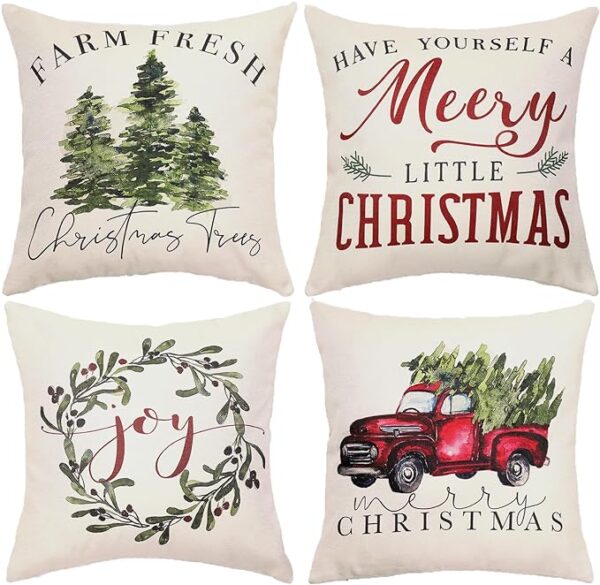 WODOHOLO Christmas Red Truck Tree Pillow Covers, Christmas Outdoor Pillow Covers Set of 4 Farmhouse Xmas Decor Rustic Cushion Case for Home Sofa Bed Chair 18x18 1