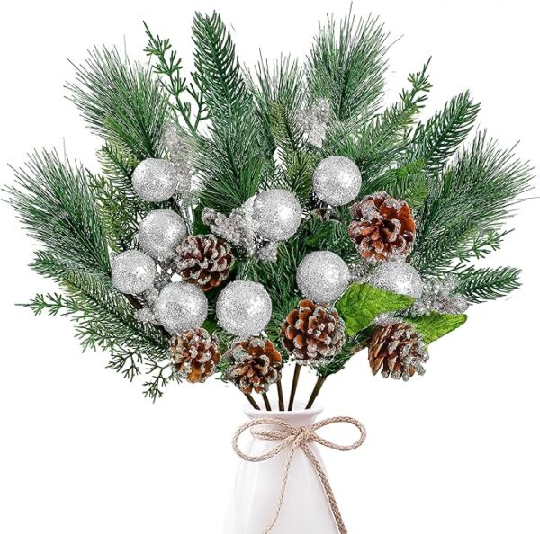 Sggvecsy 6 Pack Artificial Christmas Glittery Picks Faux Berries Pine Stems Red Berry Pine Branches with Pine Cones Shining Balls for Xmas Tree Wreath DIY Craft Floral Arrangement Decor (Silver) 1