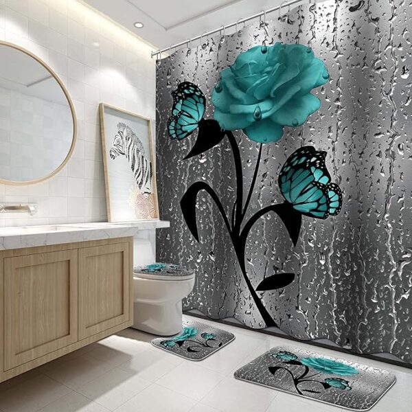 Lnond Teal Gray Rose Shower Curtain Sets with Rugs and Toilet Lid Cover and Bath Mat for Bathroom, Blue Rose Waterproof Shower Curtain Sets with 12 Hooks, Waterproof Durable Bathroom Decor Set