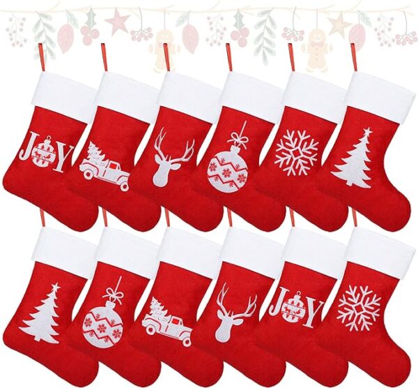 Hiwooii 12 Pack Christmas Stockings 15 Inch Felt Red Christmas Stockings with Reindeer Snowflake Pattern Xmas Hanging Stockings for Christmas T 1