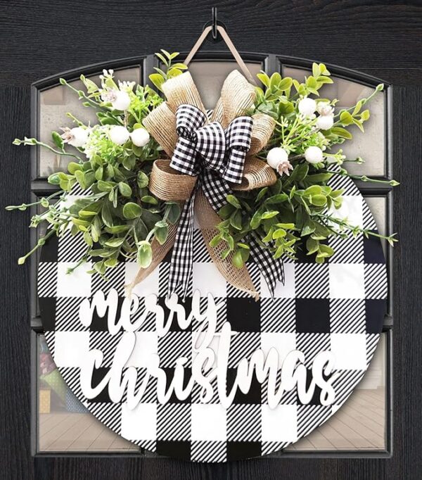 Vofuly Christmas Wreath Signs,Wood Door Sign, Buffalo Plaid Front Door decor, Farmhouse Wall Decor, Christmas Door Hanger, Christmas door hanging outside Decorations (Black with White) 1