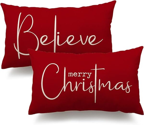 Christmas Throw Pillow Covers 12x20 Inch Set of 2 Merry Christmas Farmhouse Decorations Believe Holiday Decor Throw Cushion Case for Home Couch 1