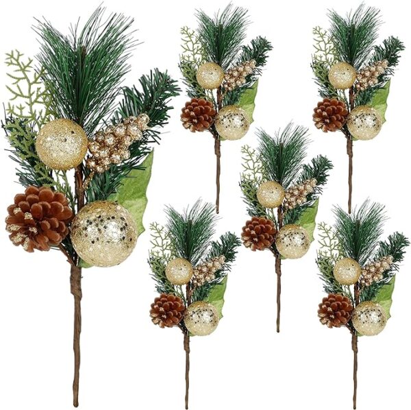 DR.DUDU Christmas 6 Pack 12'' Elegant Faux Picks Evergreen Sprigs + Gold & Silver Globe Ornaments + Pine Cone + Green Poinsettia Leaf + Mini Gold Balls (Gold) 4