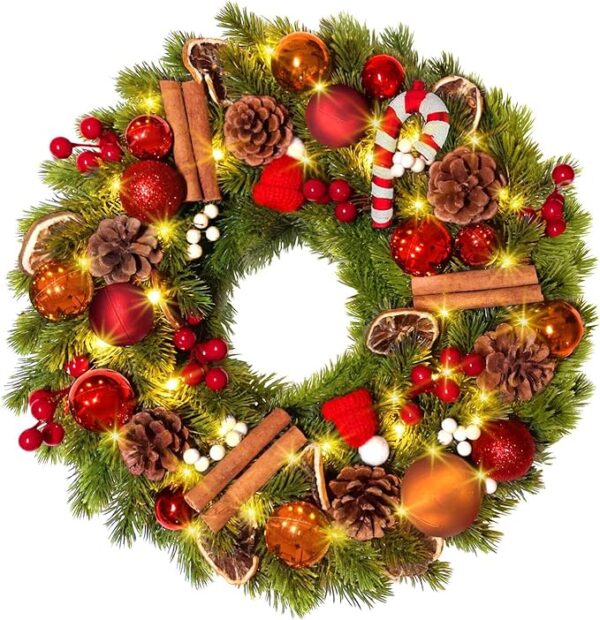 Quntis 16 Inch Christmas Wreath with 40 Lights 8 Modes, Lovely Christmas Door Wreath Decorations Artificial Xmas Wreath with PineCones Dried Lemon Pieces, Winter Wreaths Outdoor Porch Fireplace Window 3