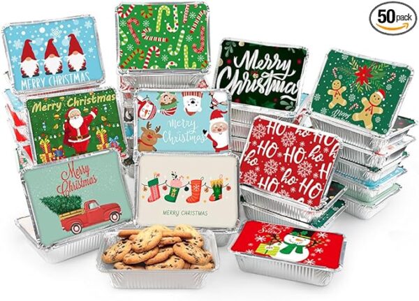 AKEROCK 50 PCS Christmas Cookie Tins with Lid, Foil Treat Containers for Holiday Gift Giving and Food Storage - Christmas Cookie Containers 1