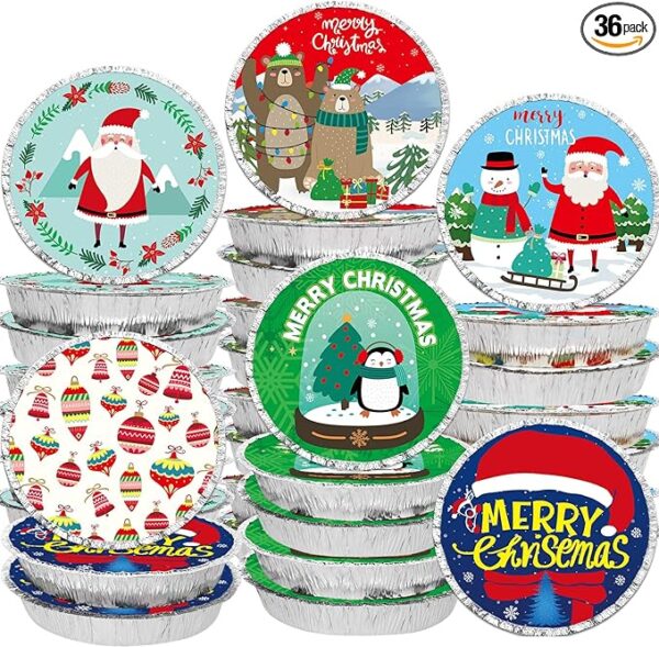 WorldBazaar Round Christmas Leftover Food Containers with Lids 36 PCS Christmas Aluminum Containers with Lids Disposable Goodie Sacks Containers Merry Christmas Winter Party Supplies 1