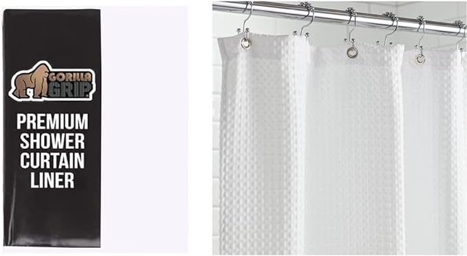 Gorilla Grip PEVA Waterproof Shower Curtain Liner and Waffle Shower Curtain, Curtain Liner Size 72x72 in Frosted White, Waffle Shower Curtain Size 72x72 in White, Thick Weighted Fabric, 2 Item Bundle