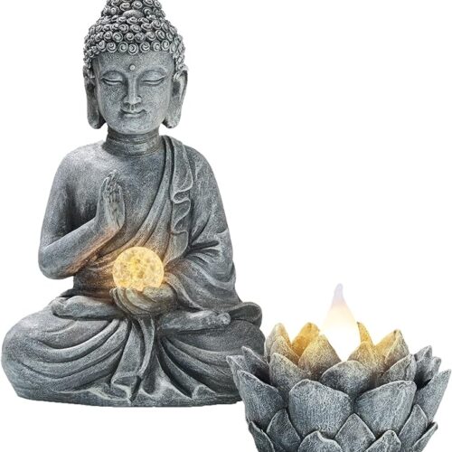 TERESA'S COLLECTIONS Meditating Buddha Statue and Lotus Lantern Garden Statue with Solar Lights, Set of 2 Rustic Buddha Outdoor Statue Spiritual Zen Garden Decor for Patio Porch Yard Decorations