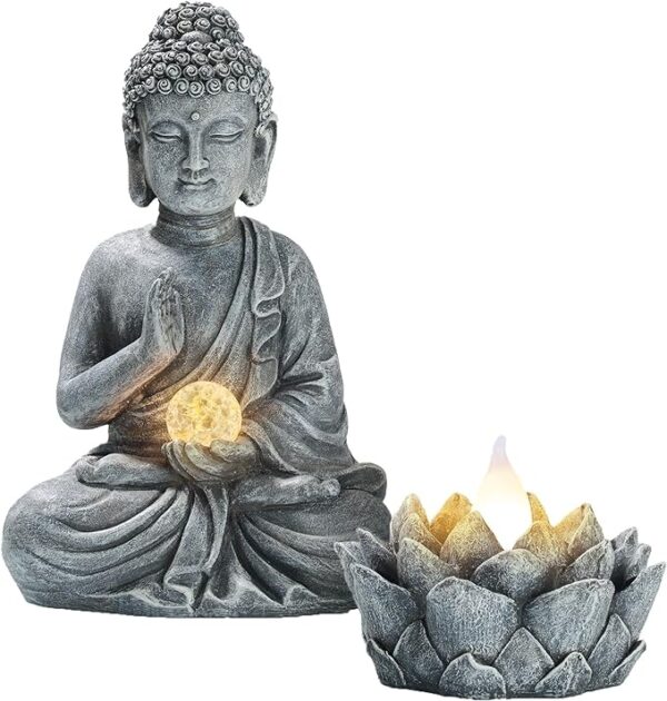 TERESA'S COLLECTIONS Meditating Buddha Statue and Lotus Lantern Garden Statue with Solar Lights, Set of 2 Rustic Buddha Outdoor Statue Spiritual Zen Garden Decor for Patio Porch Yard Decorations 1