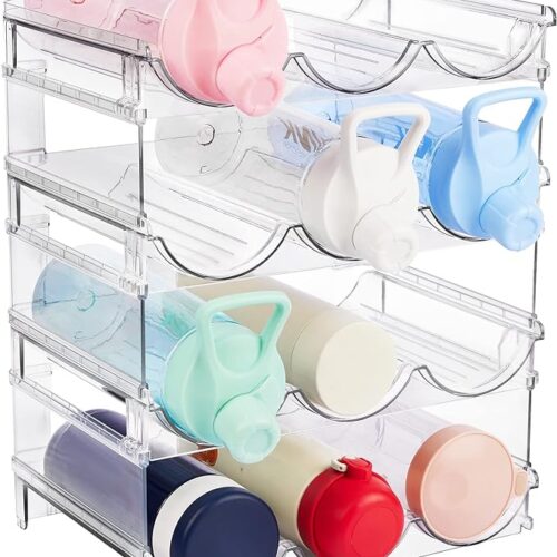 Vtopmart Stackable Water Bottle Organizer Holder, 4 Pack Clear Plastic Cup Storage Rack for Pantry Kitchen Cabinet Cupboard Countertop Organization and Storage, Hold 12 Bottles