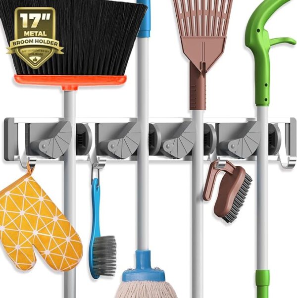 Holikme Mop Broom Holder Wall Mount Metal Pantry Organization and Storage Garden Kitchen Tool Organizer Wall Hanger for Home Goods (4 Positions with 4 Hooks, Silver) 1