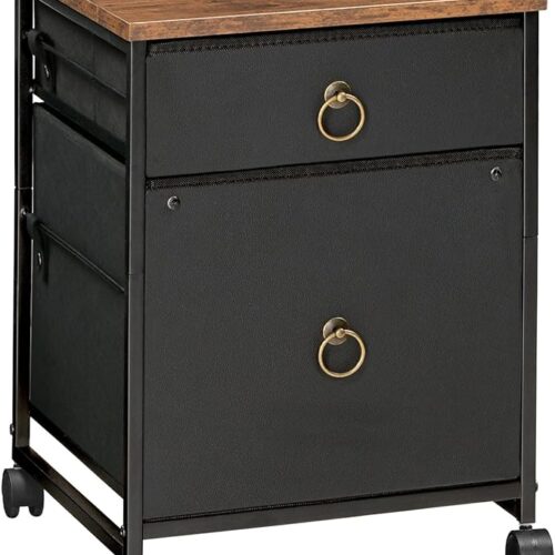 HOOBRO File Cabinet, 2-Drawer Filing Cabinet, Vertical Mobile Office Cabinet, Rolling Printer Stand, for A4/Letter Size Files, Nonwovens Drawer, for Home Office, Rustic Brown and Black BFK21WJ01
