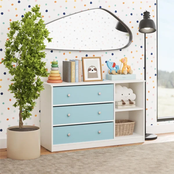 Mya Park Wide Dresser with 3 Fabric Bins, White w/ Blue Bins