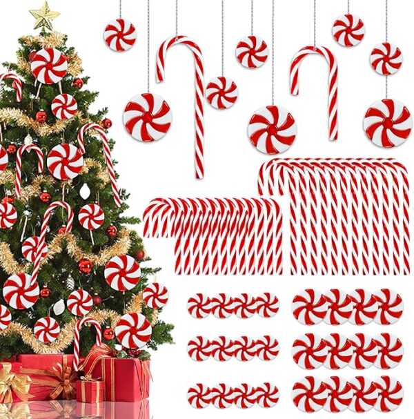 48Pcs Candy Cane Christmas Tree Decorations, Plastic Red and White Christmas Hanging Ornaments, Acrylic Xmas Crafts Decor for Tree Table Fireplace Indoor Home Window Vase Filler Party 1