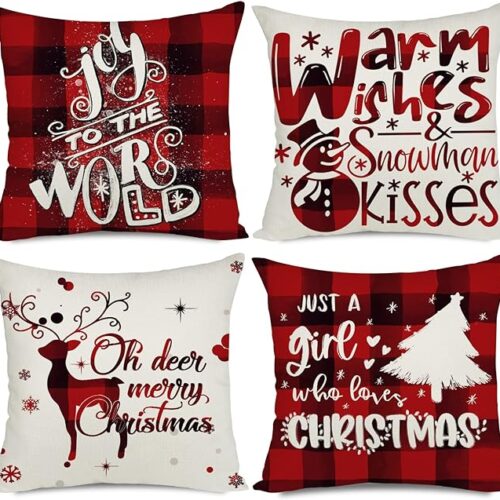 Artmag 18x18 Christmas Throw Pillow Covers, Decorative Outdoor Farmhouse Deer Snowman Warm Wishes Merry Christmas Tree Pillow Shams Cases Slipcovers Set of 4 for Couch Sofa