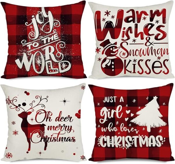 Artmag 18x18 Christmas Throw Pillow Covers, Decorative Outdoor Farmhouse Deer Snowman Warm Wishes Merry Christmas Tree Pillow Shams Cases Slipcovers Set of 4 for Couch Sofa 1