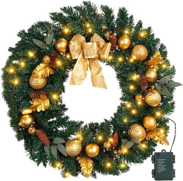 Christmas Wreath with Hanger for Front Door & 50 Battery Operated LED Lights & Gold Bowknot & Pine Cones & Gold Balls & Berries, Pre-Lit Artificial Wreath, Winter Xmas Wreaths(24 Inches) Brand: Emorefun 1