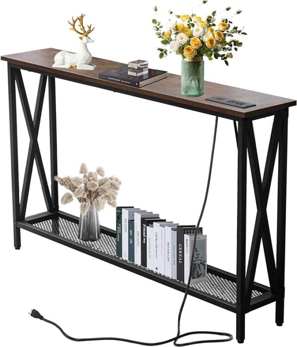 Forevich Console Table Sofa Entryway Couch Table with USB Power Outlet for Living Room Hallway Mesh Shelf 47 Inch Rustic Brown 1